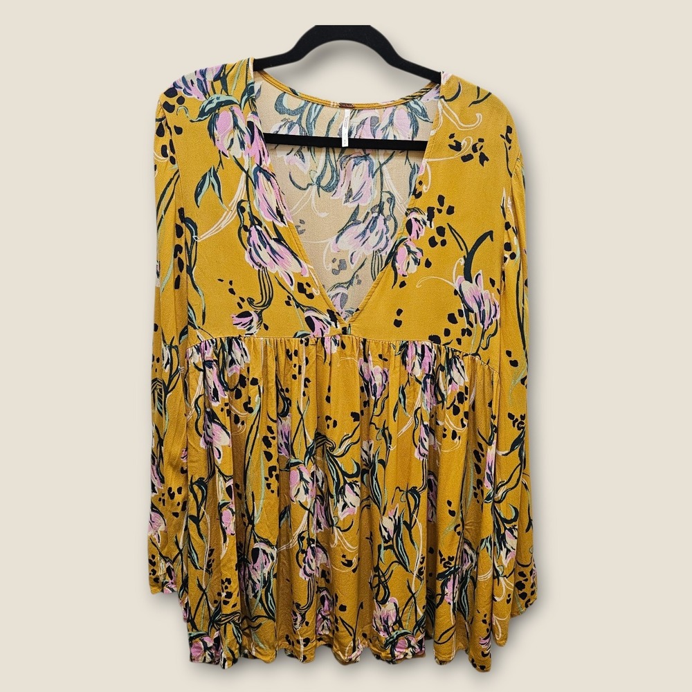 Free People Bella Golden Floral V Neck Bell Sleeve Babydoll Mini Dress/Tunic  M